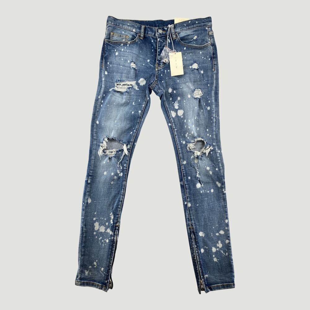 MNML Splash Stretch Denim Jeans Blue Paint Splatter Distressed Ankle Zip 33
